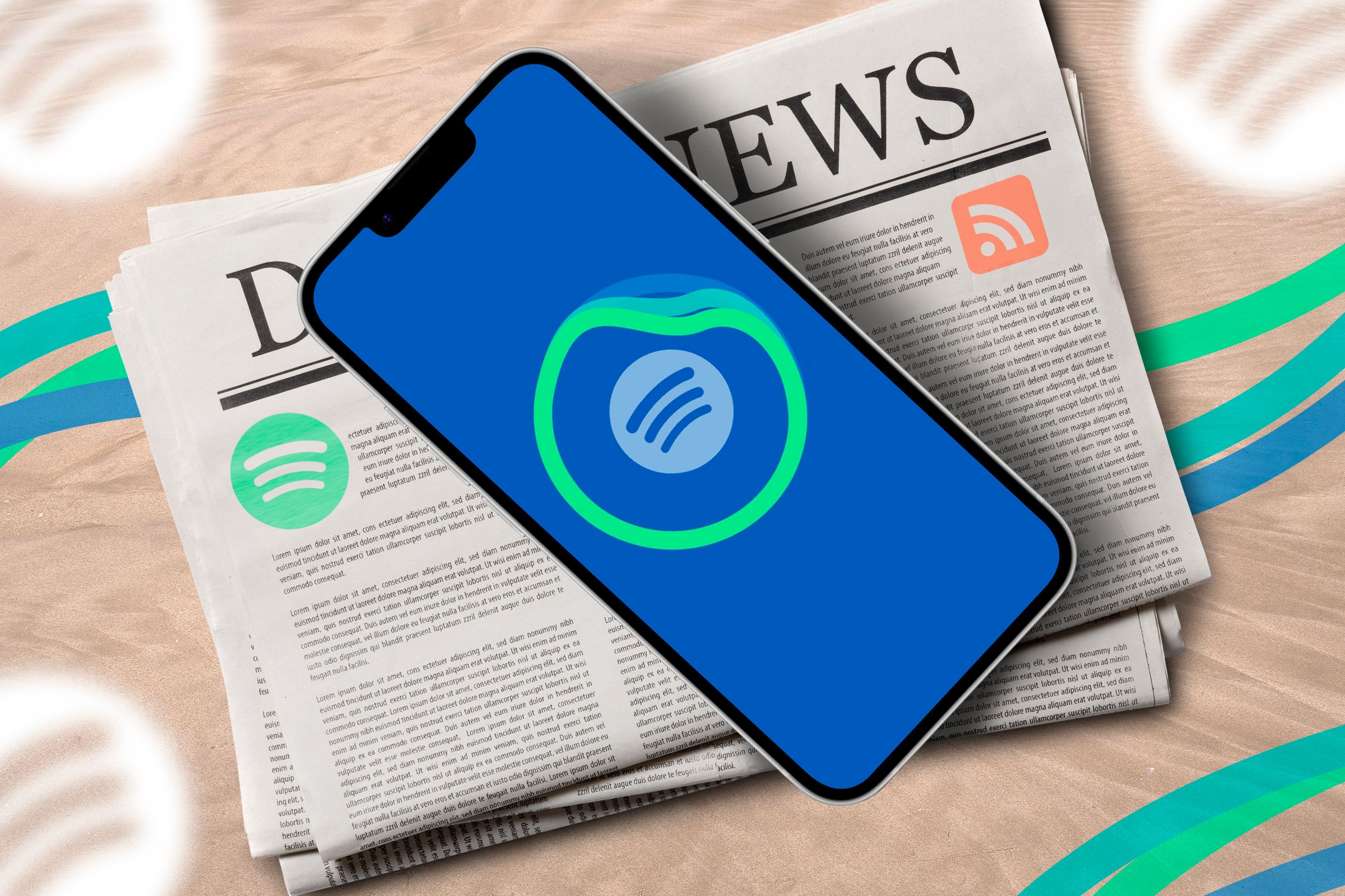 A phone above a newspaper with the Spotify AI DJ icon on the screen.