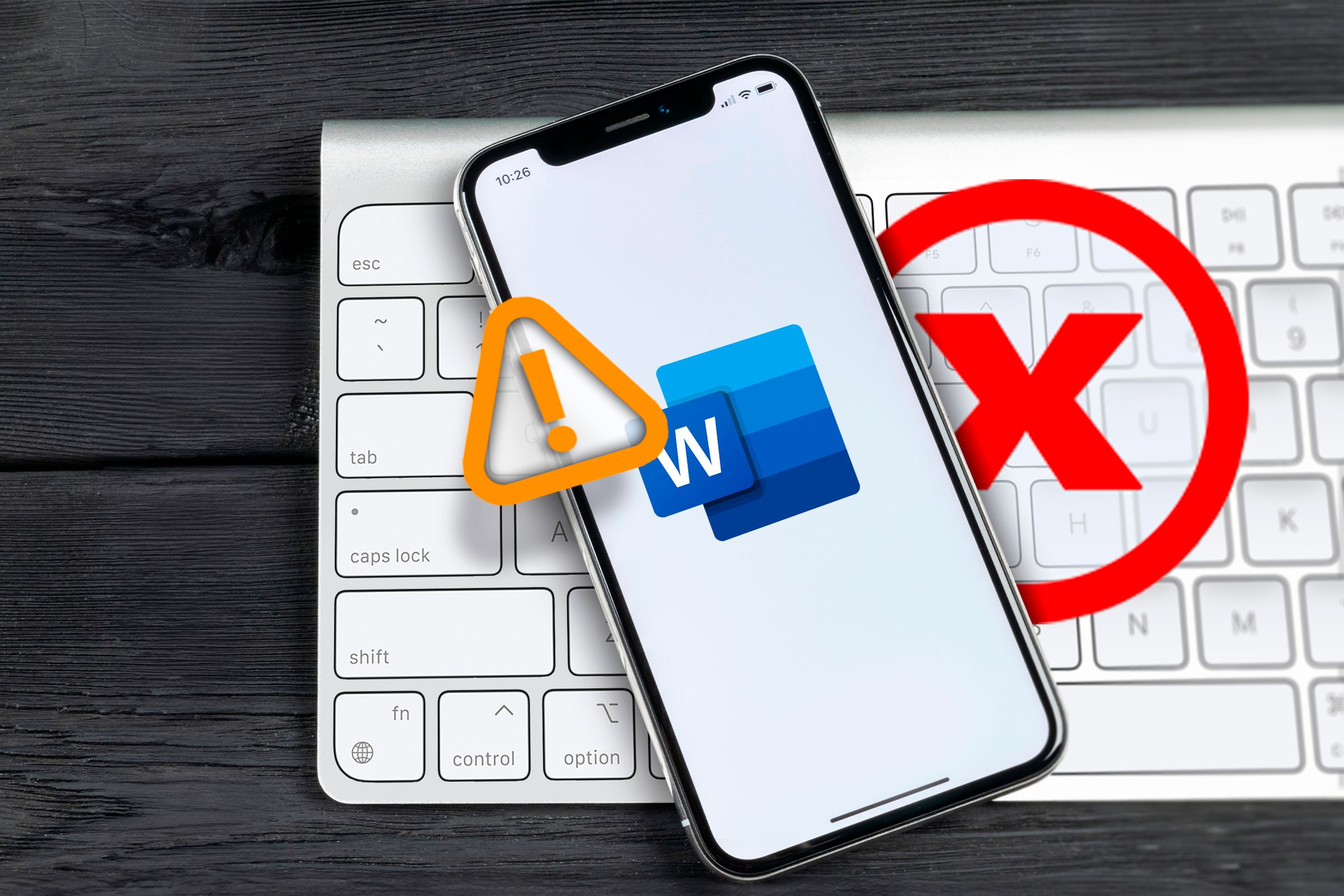 A phone with Word icon above a keyboard and some warning signs.