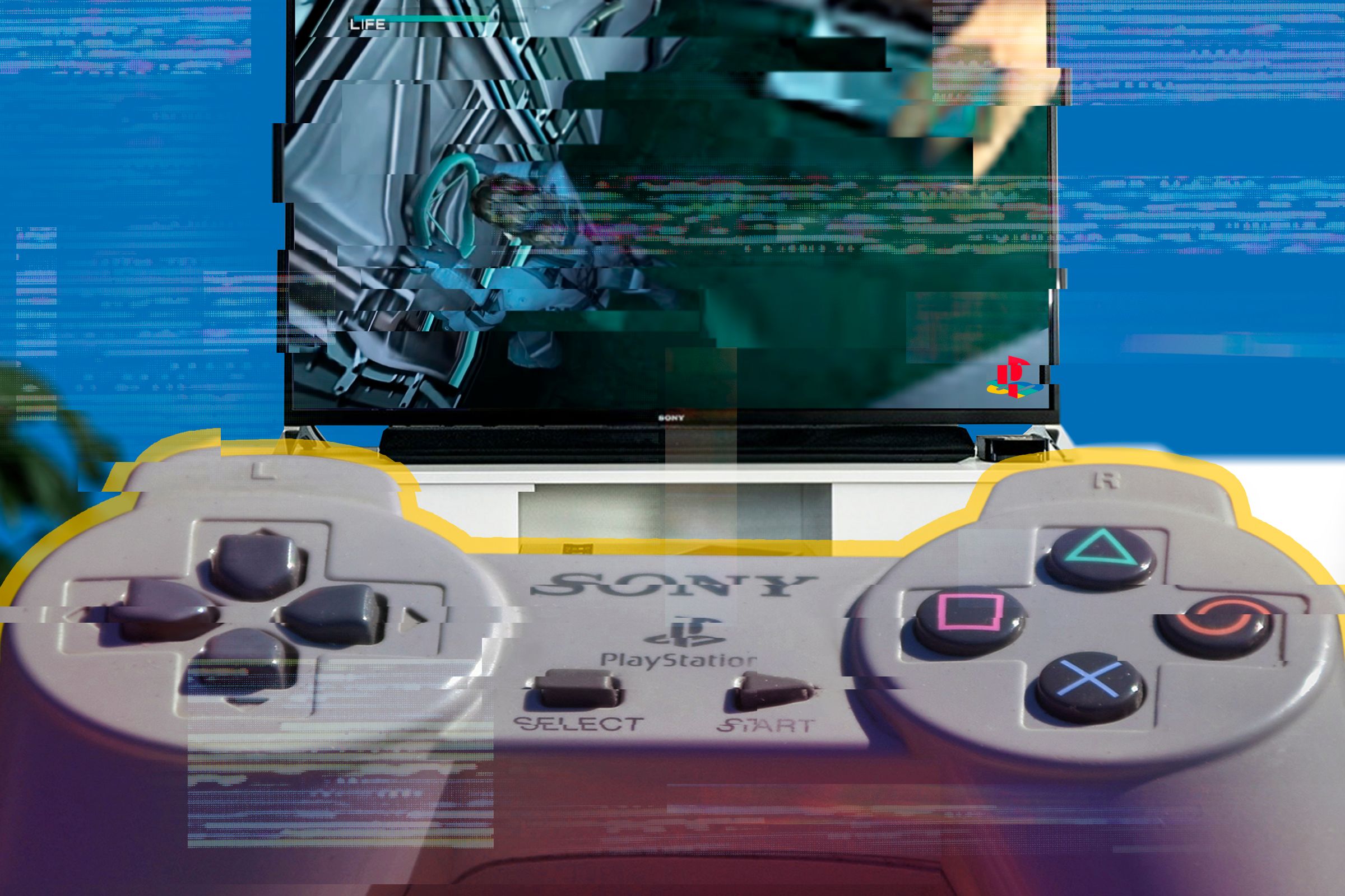 A Playstation 1 controller with Metal Gear Solid running on a TV and a glitch effect.