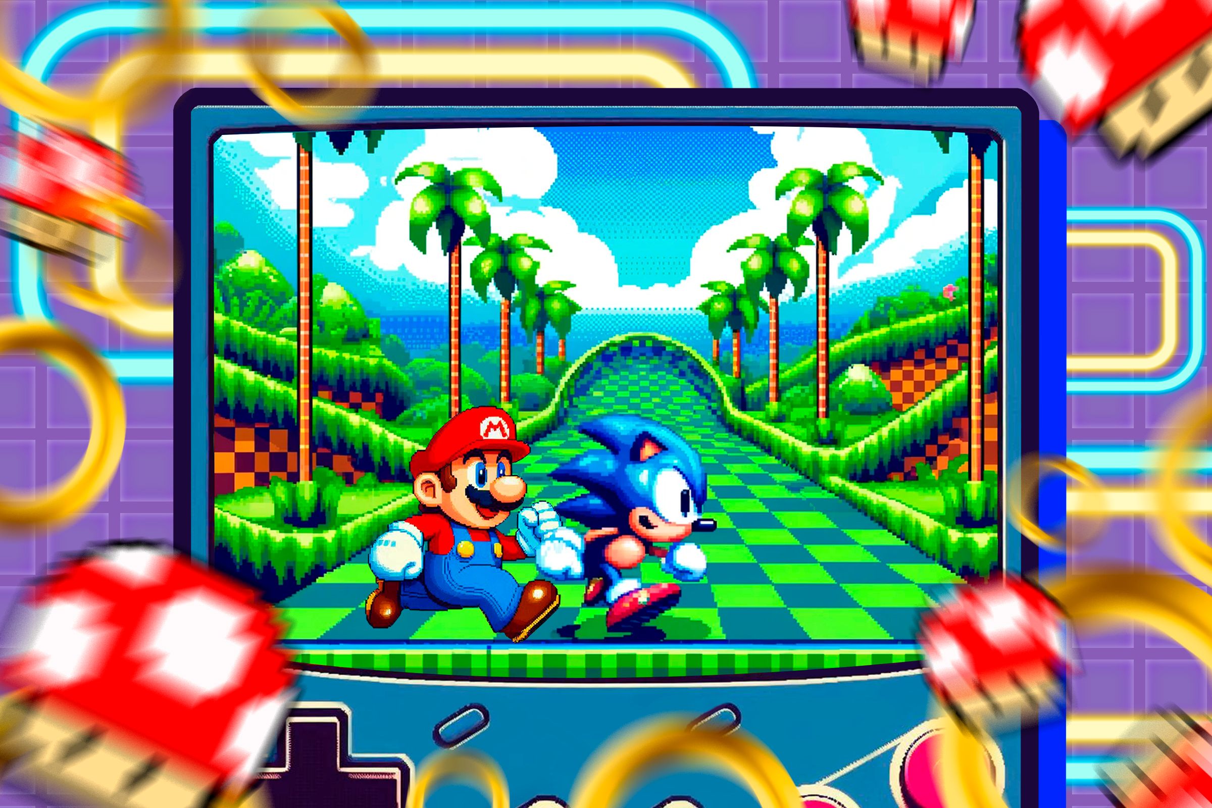A retro handheld game with Super Mario and Sonic on the screen.
