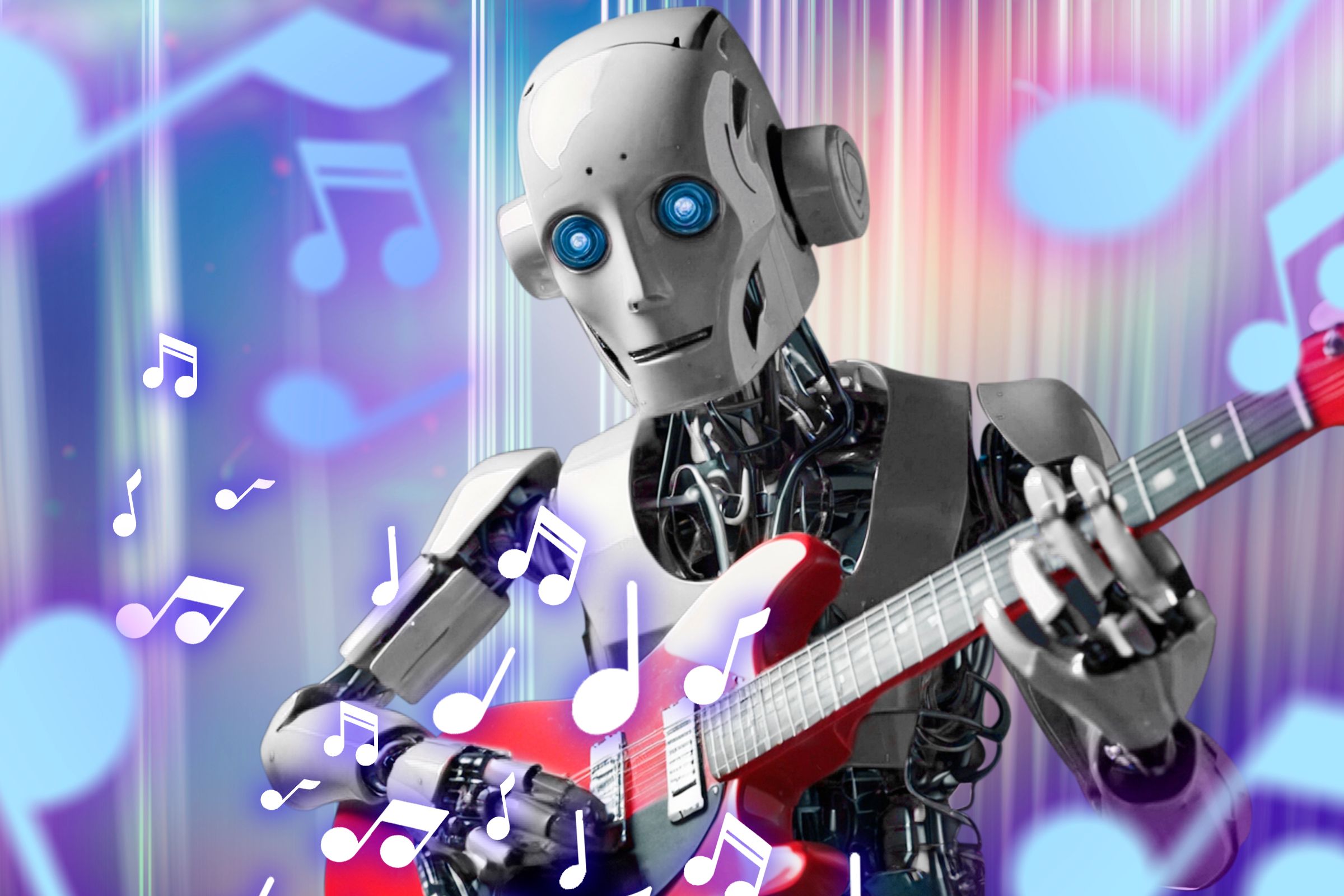 A Robot playing an eletric guitar and some music icons around.