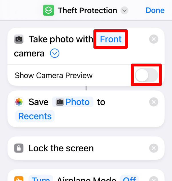 Actions to take a photo in 'Theft Protection' shortcut.