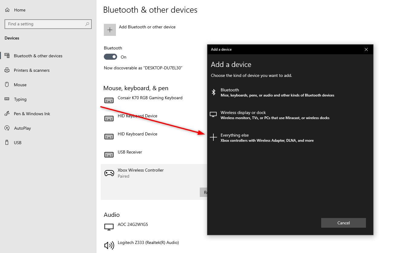 The Bluetooth settings showing the "Add a device" window in WIndows 10.