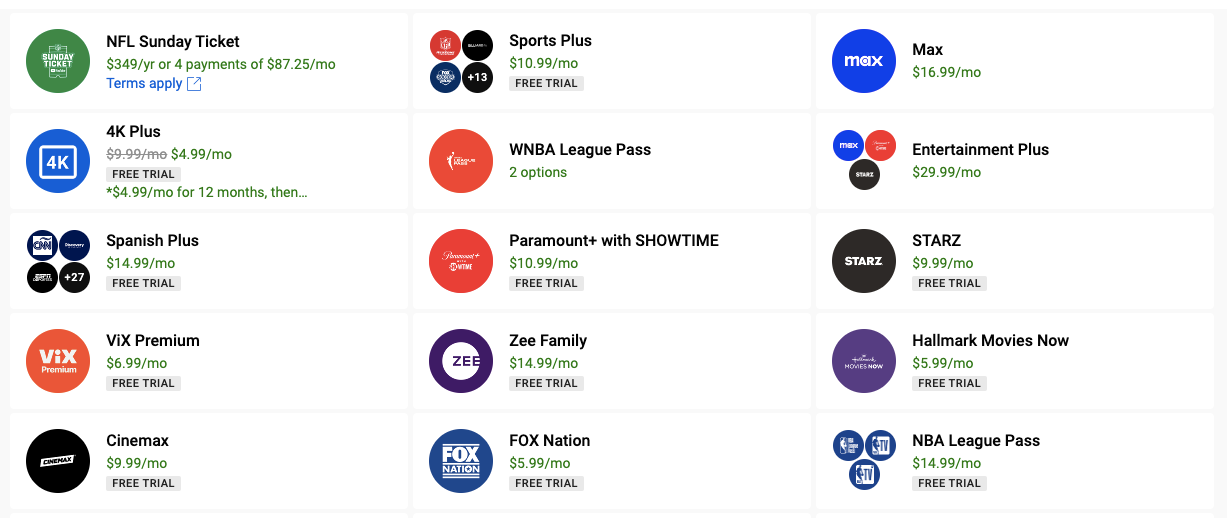 Screenshot of the add-ons for YouTube TV including Max and NFL Sunday Ticket.