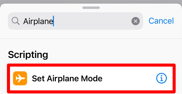 Airplane Mode shortcut action on iPhone.