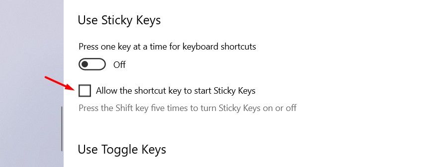 Разрешить сочетание клавиш запускать окно Sticky Keys в Windows 10.