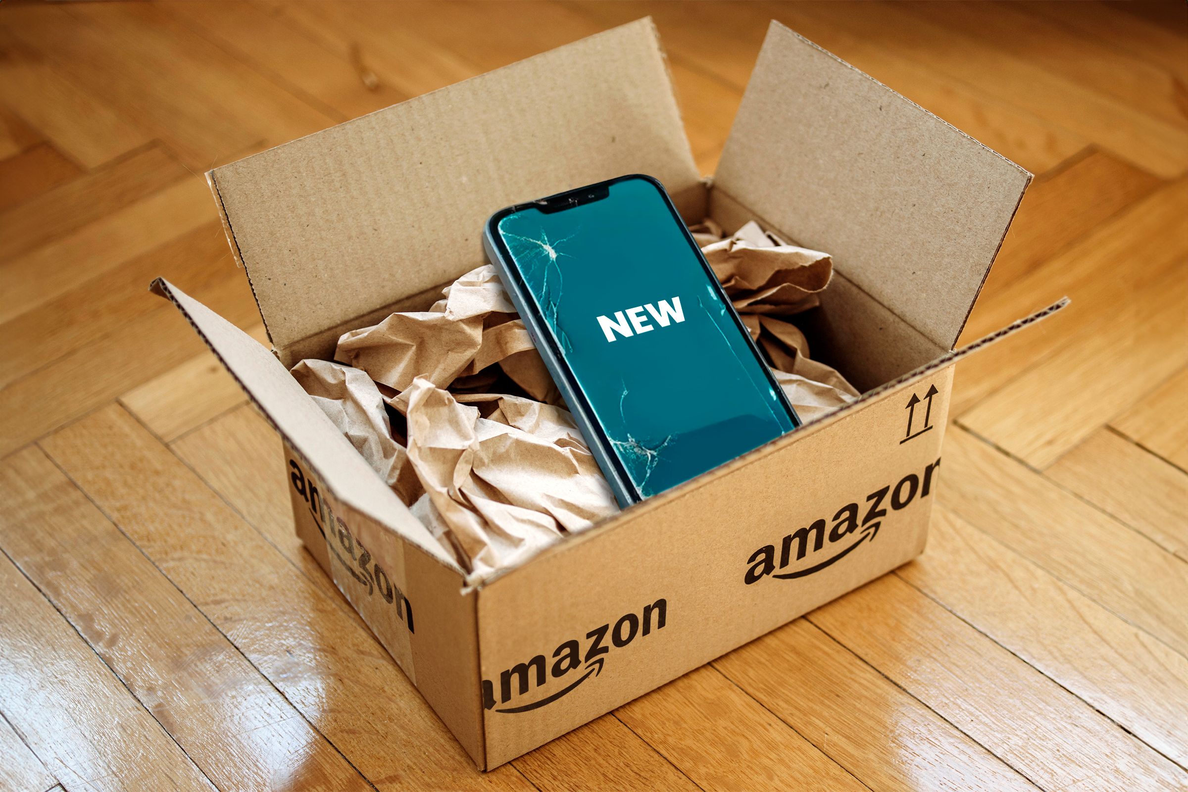 Amazon box with a visibly used product labeled 'new'.