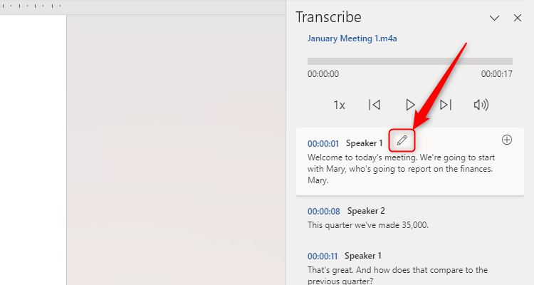 Word's Transcribe pane with the pencil icon next to one of the speaker's identities.