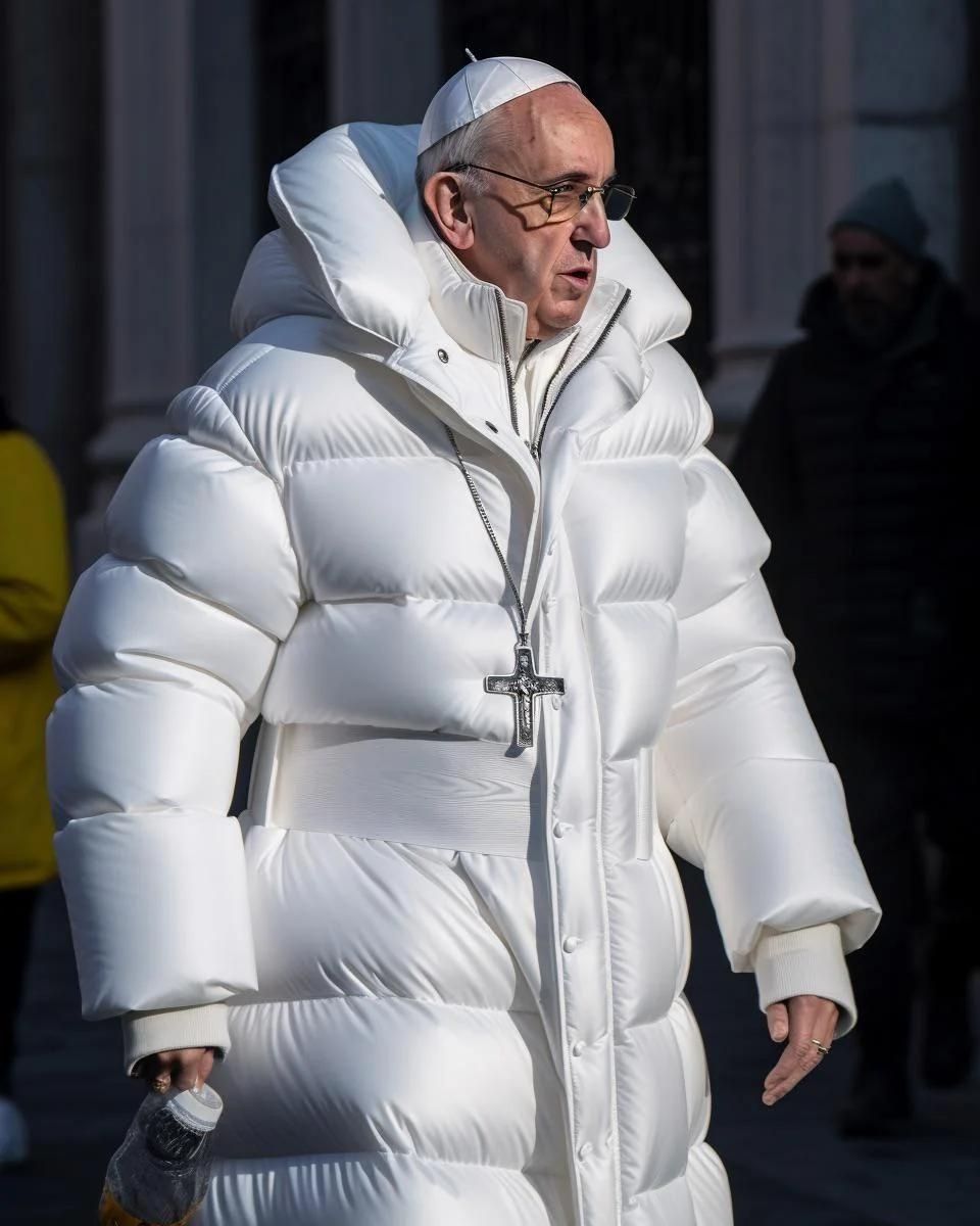 An AI-generated image of the Pope wearing a puffer jacket