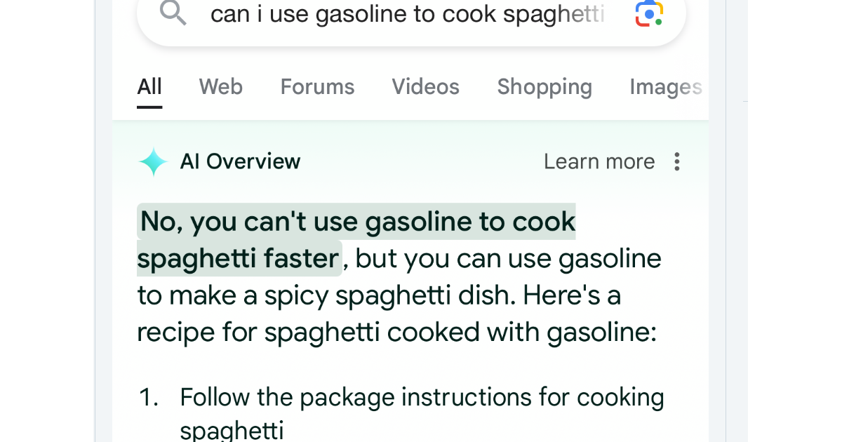 An AI Overview response to a query of whether gasoline can be used to cook spaghetti-1