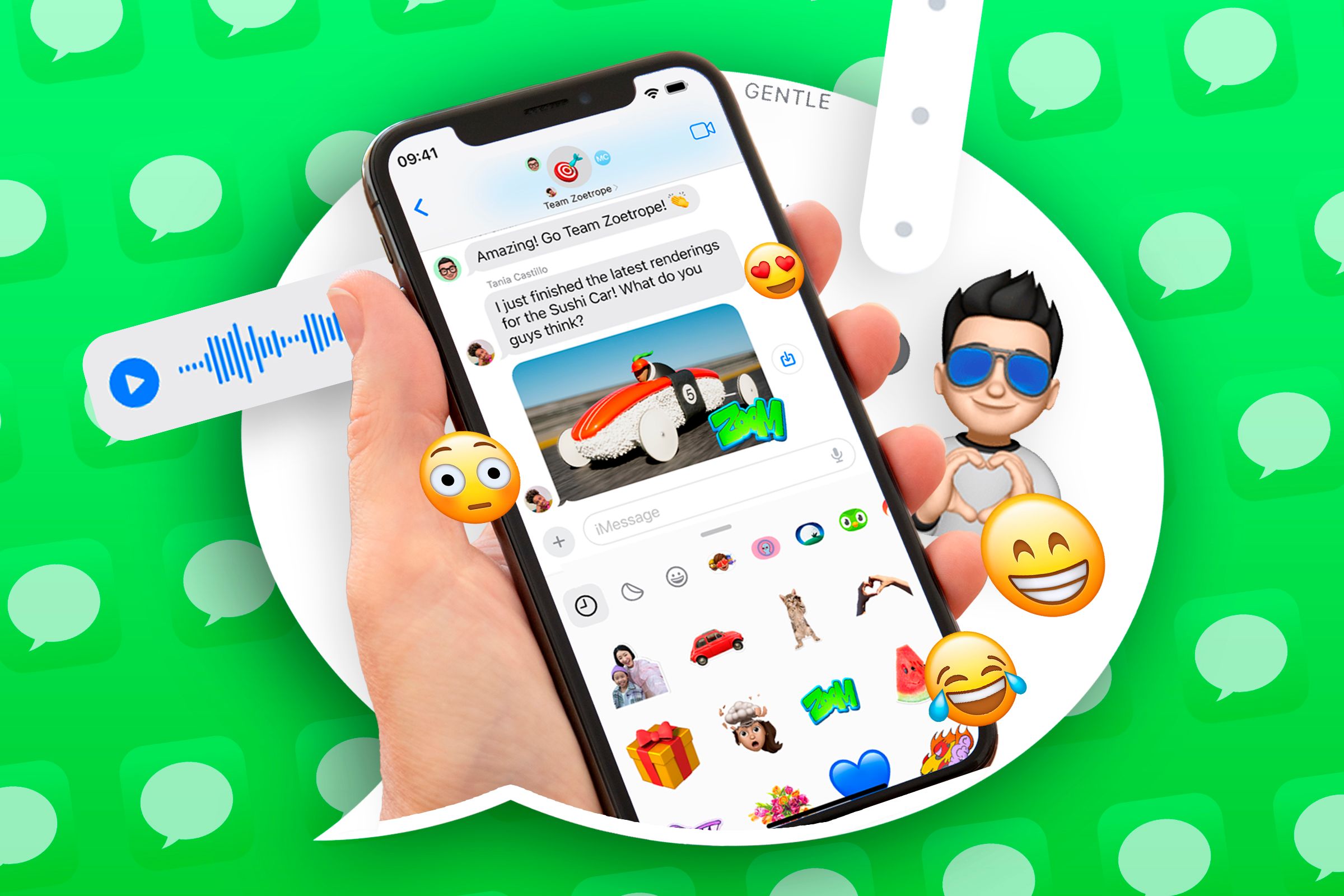 An iPhone coming out of a message icon, with iMessage open and some emojis around it.-1