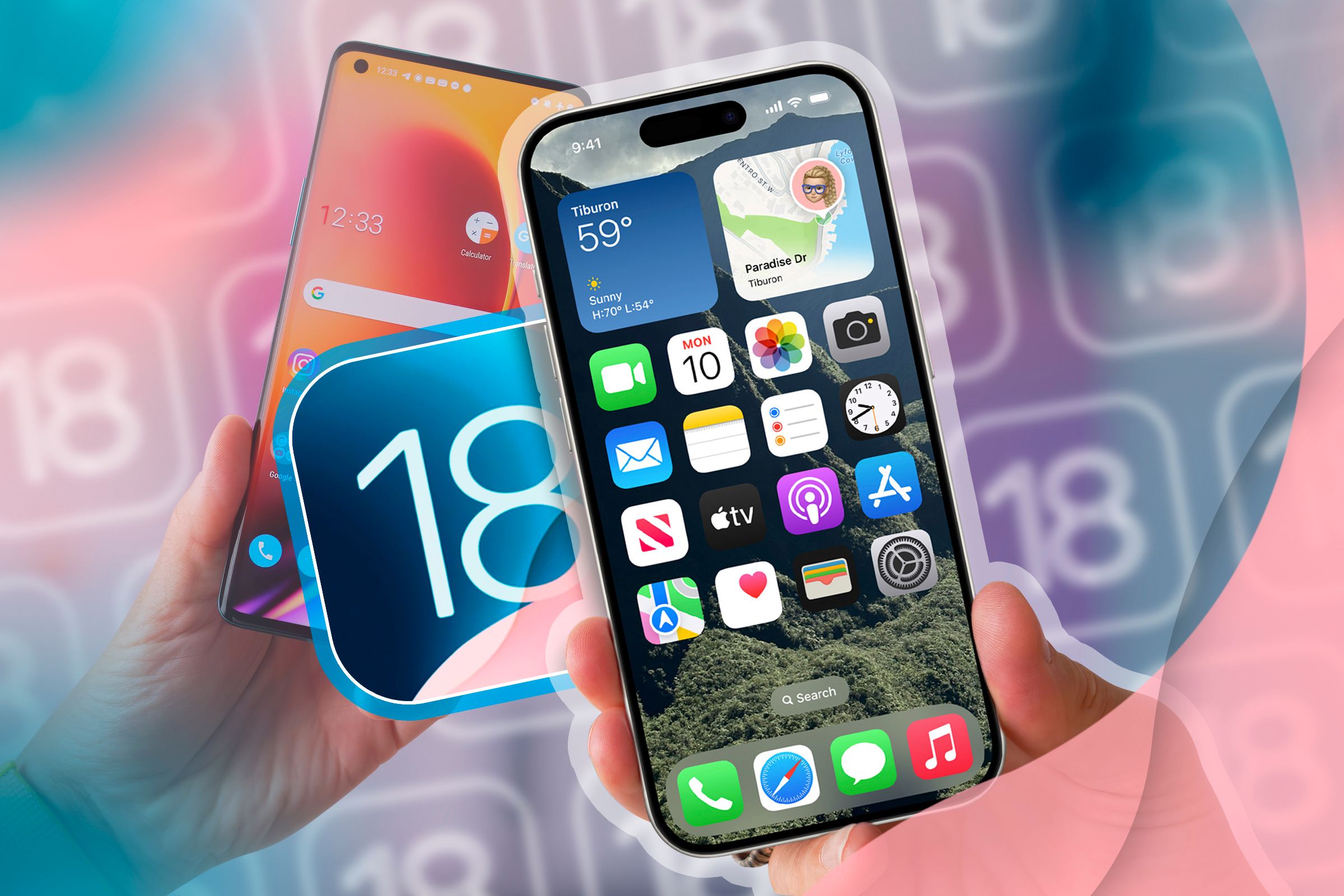 An iPhone featuring iOS 18 and an Android phone behind.