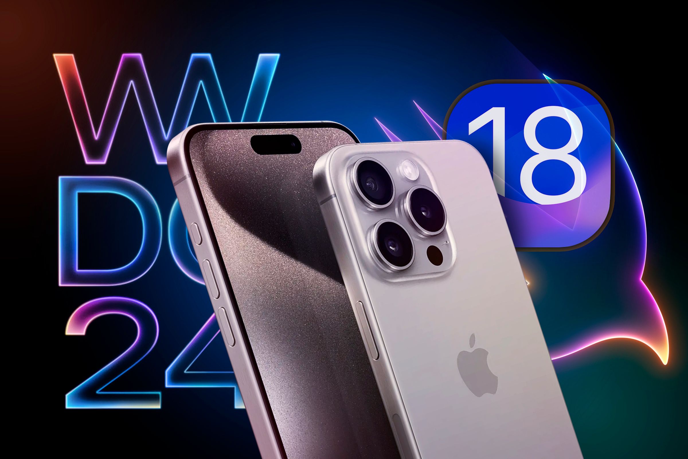 An Iphone with the WWDC 24 logo in the background and an IOS 18 icon.