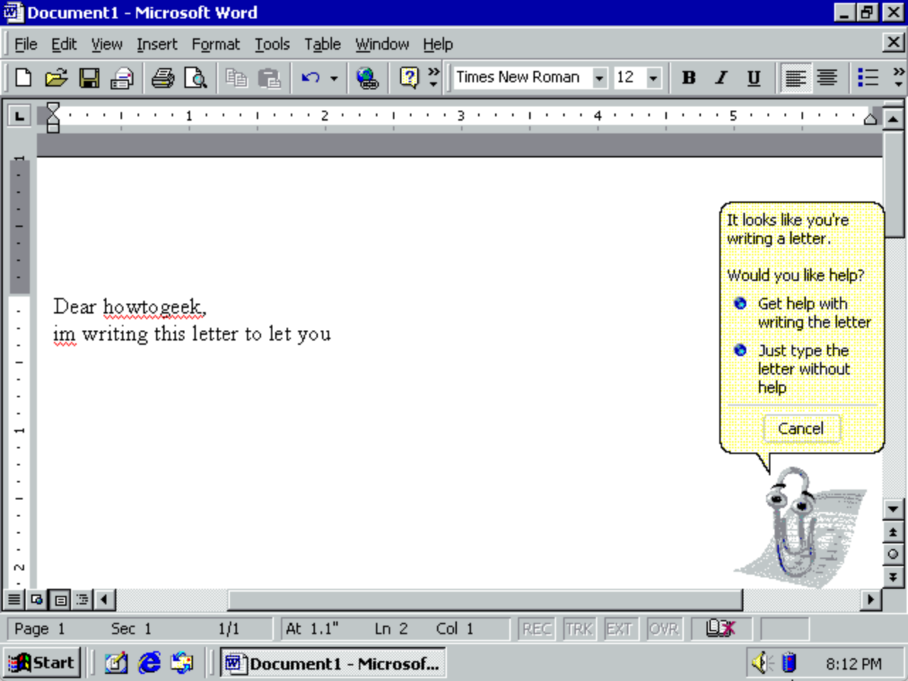 An unfinished letter in Microsoft Word and a paperclip with a textbox above it