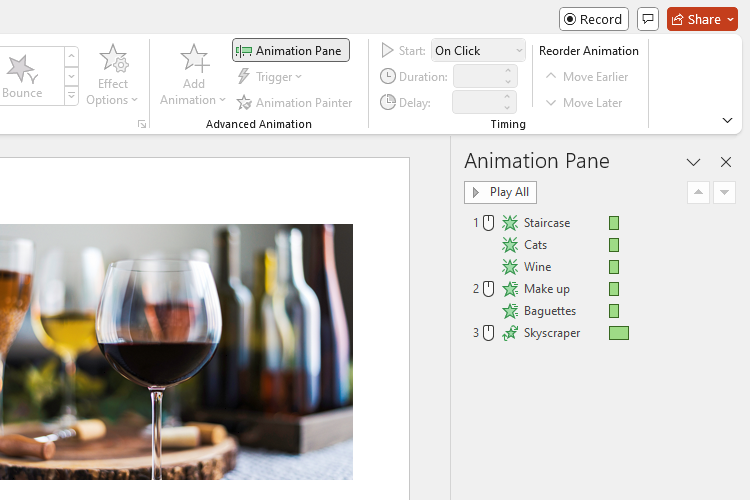 PowerPoint's Animation Pane containing a list of items with names allocated through the Selection Pane.