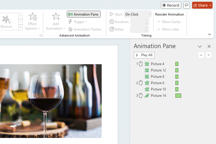 PowerPoint's Animation Pane with 6 pictures listed.