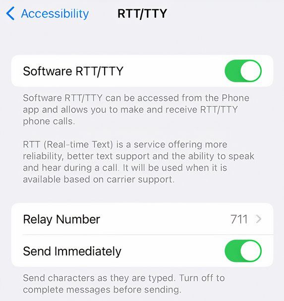 The RTT settings in the iPhone's Settings app.
