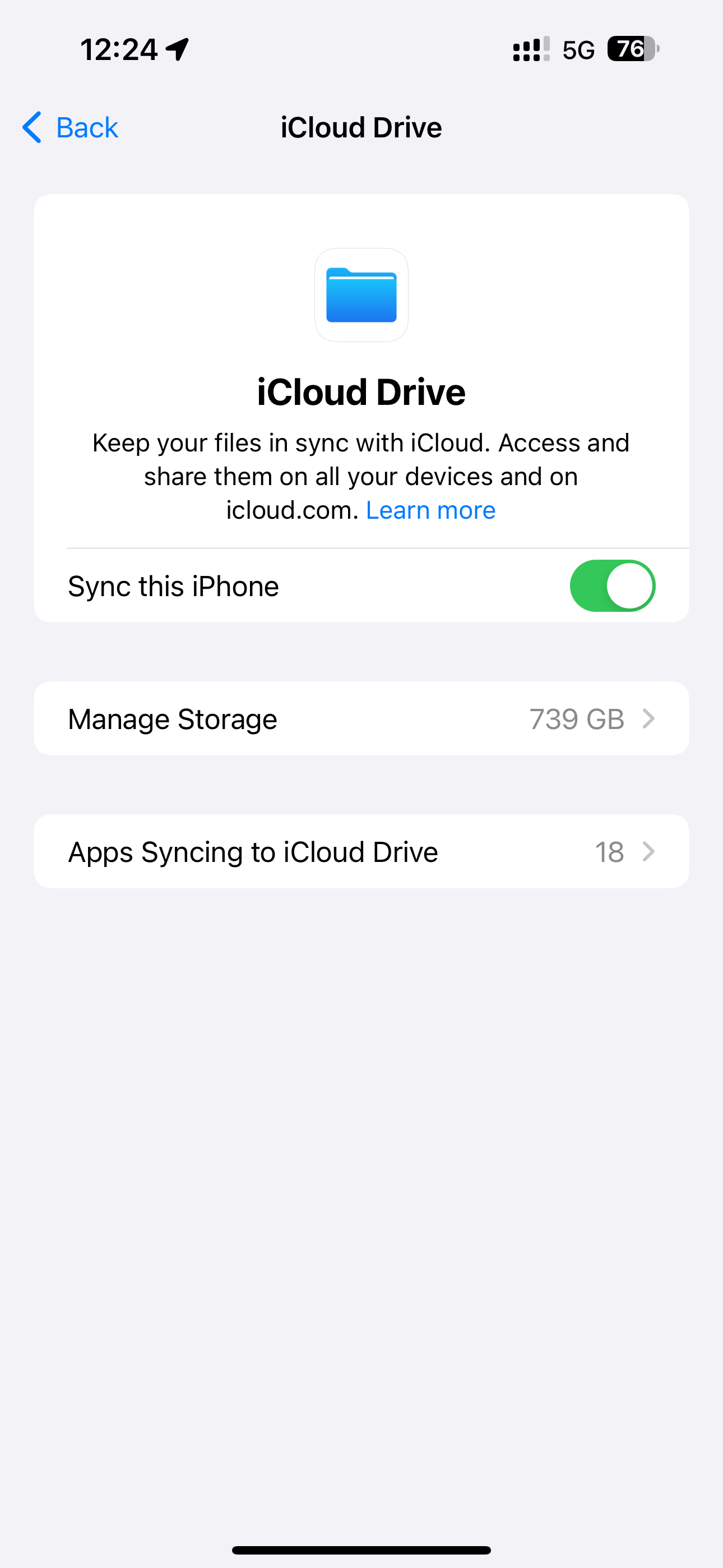 iCloud storage overview for iCloud Drive in the iPhone's Settings app.