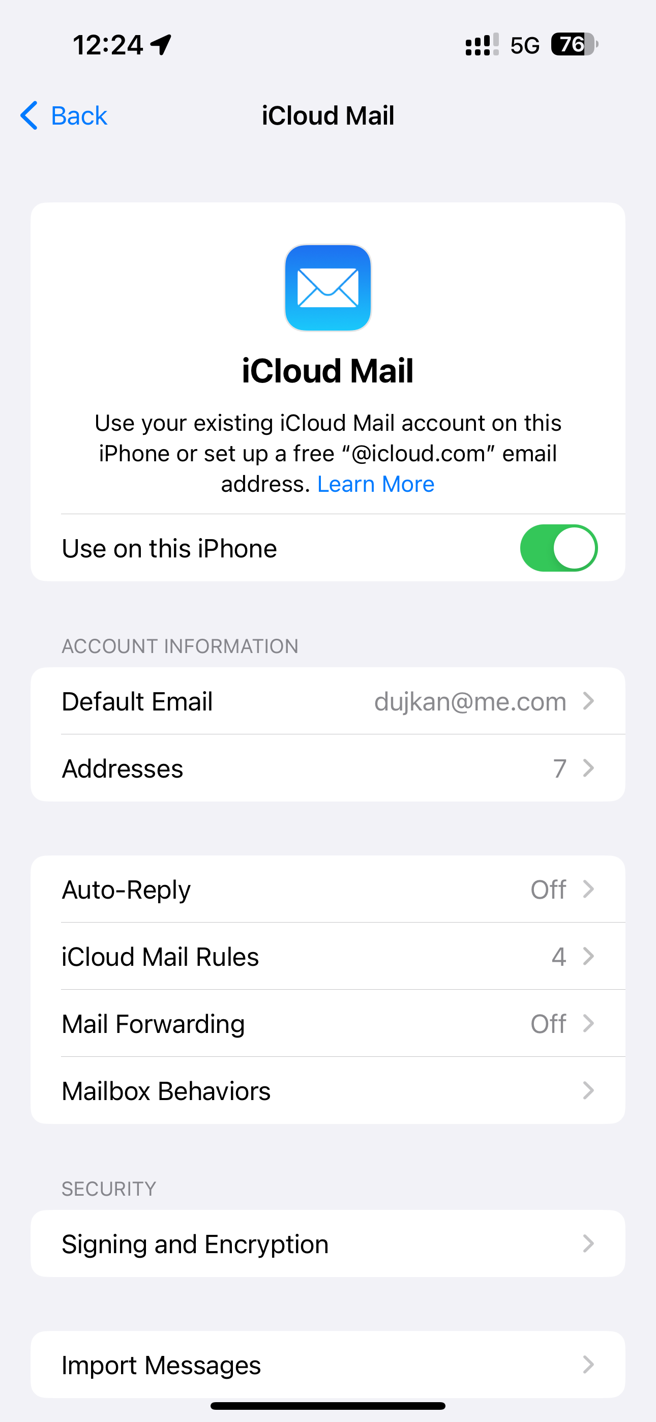 iCloud storage overview for iCloud Mail in the iPhone's Settings app.