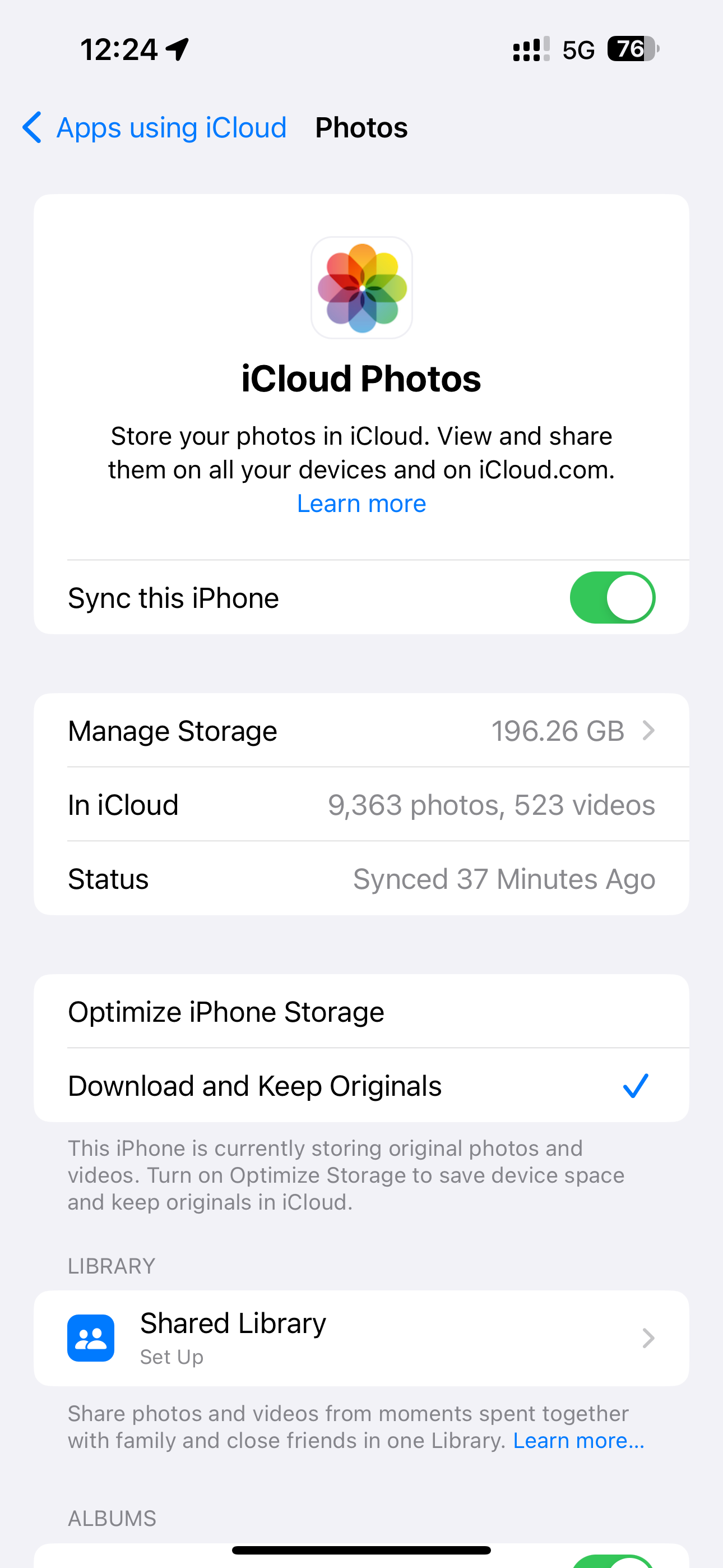 iCloud storage overview for iCloud Photos in the iPhone's Settings app.