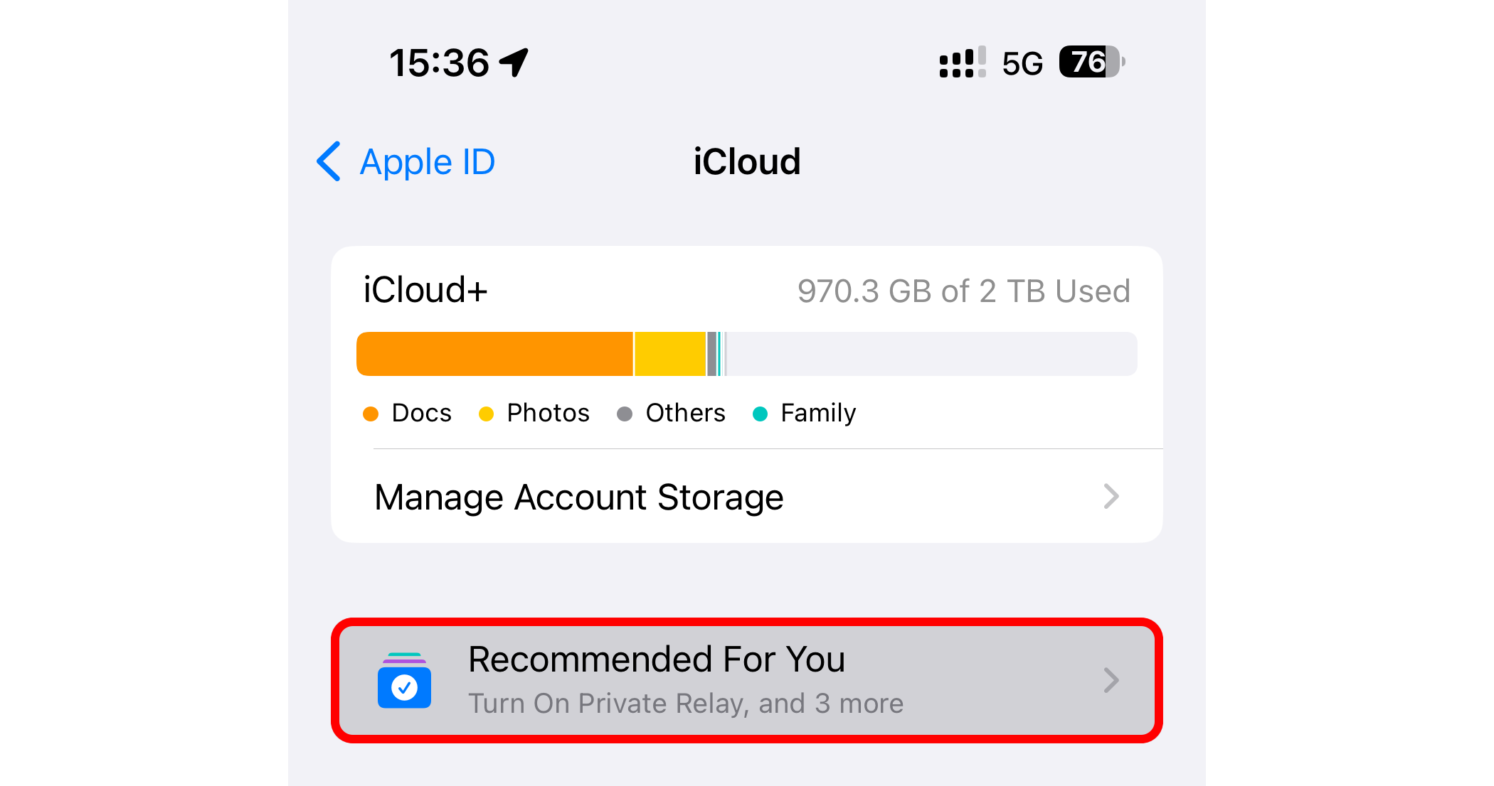 The iPhone's Settings app with the Recommended For You option highlighted in the iCloud section.