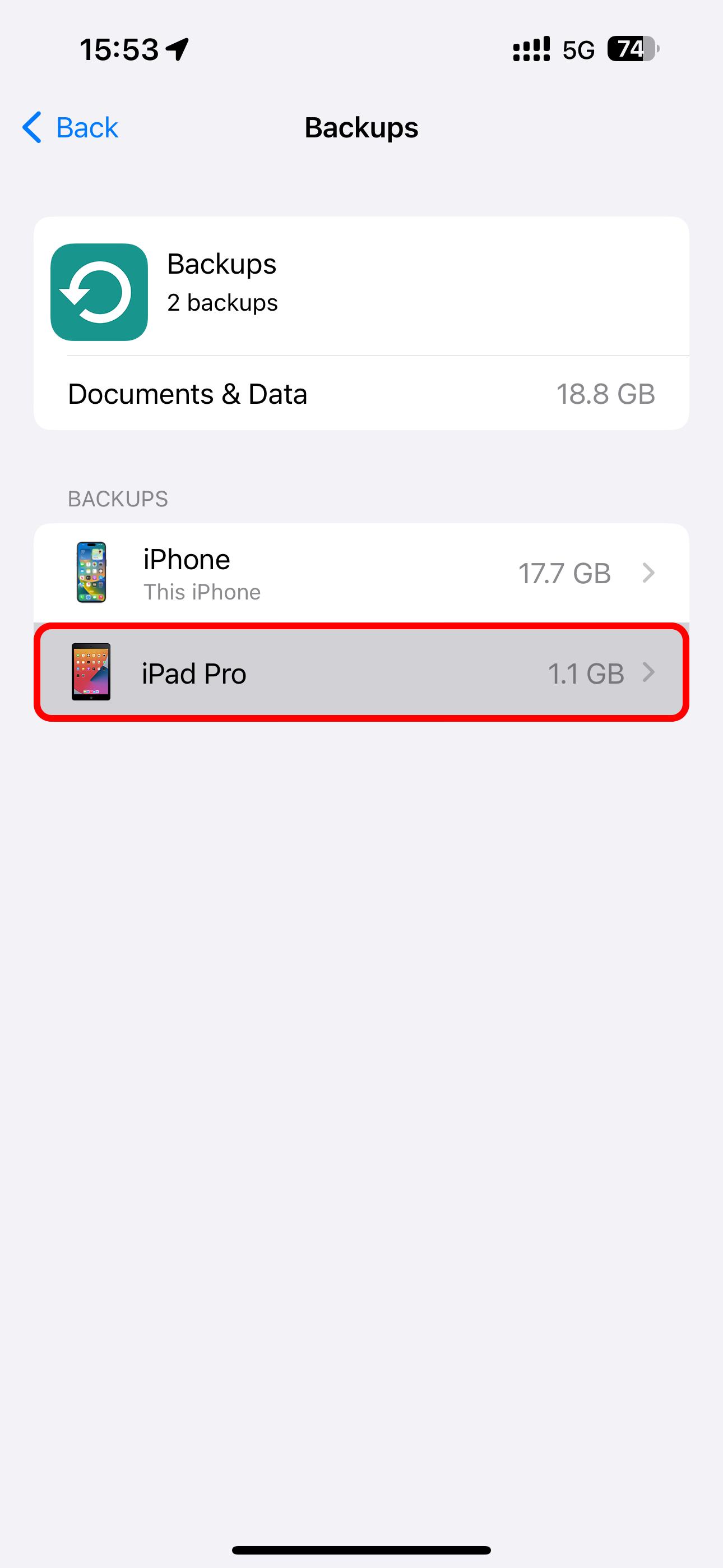 iPad Pro selected on the iCloud Backups screen in Settings on iPhone.