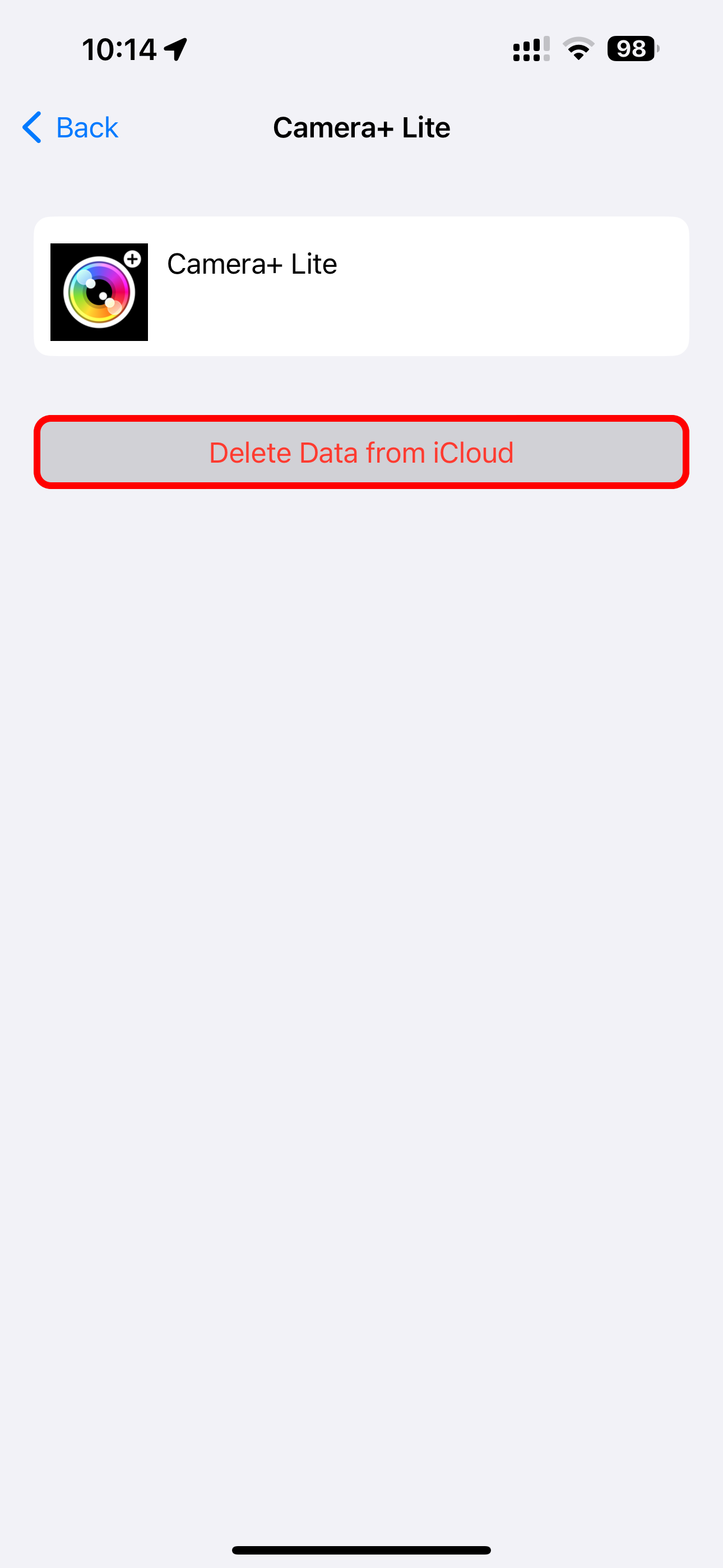 The Delete from iCloud option highlighted for the Camera+ Lite app in Settings on iPhone.