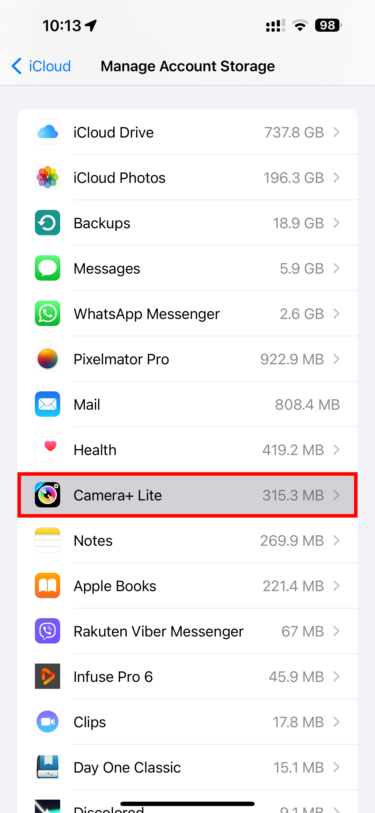 The Camera+ Lite app selected on the iCloud storage screen in Settings on iPhone.