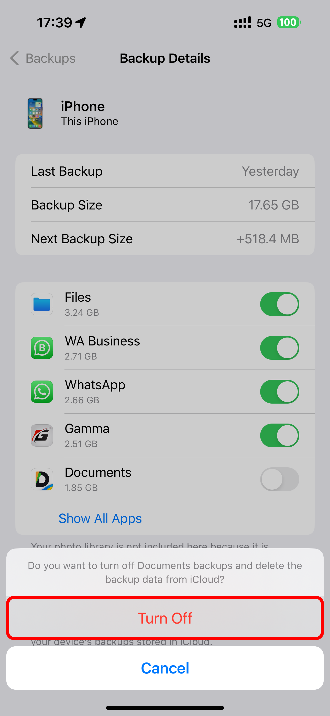 Confirmation prompt when excluding an app from iCloud Backup in Settings on iPhone.