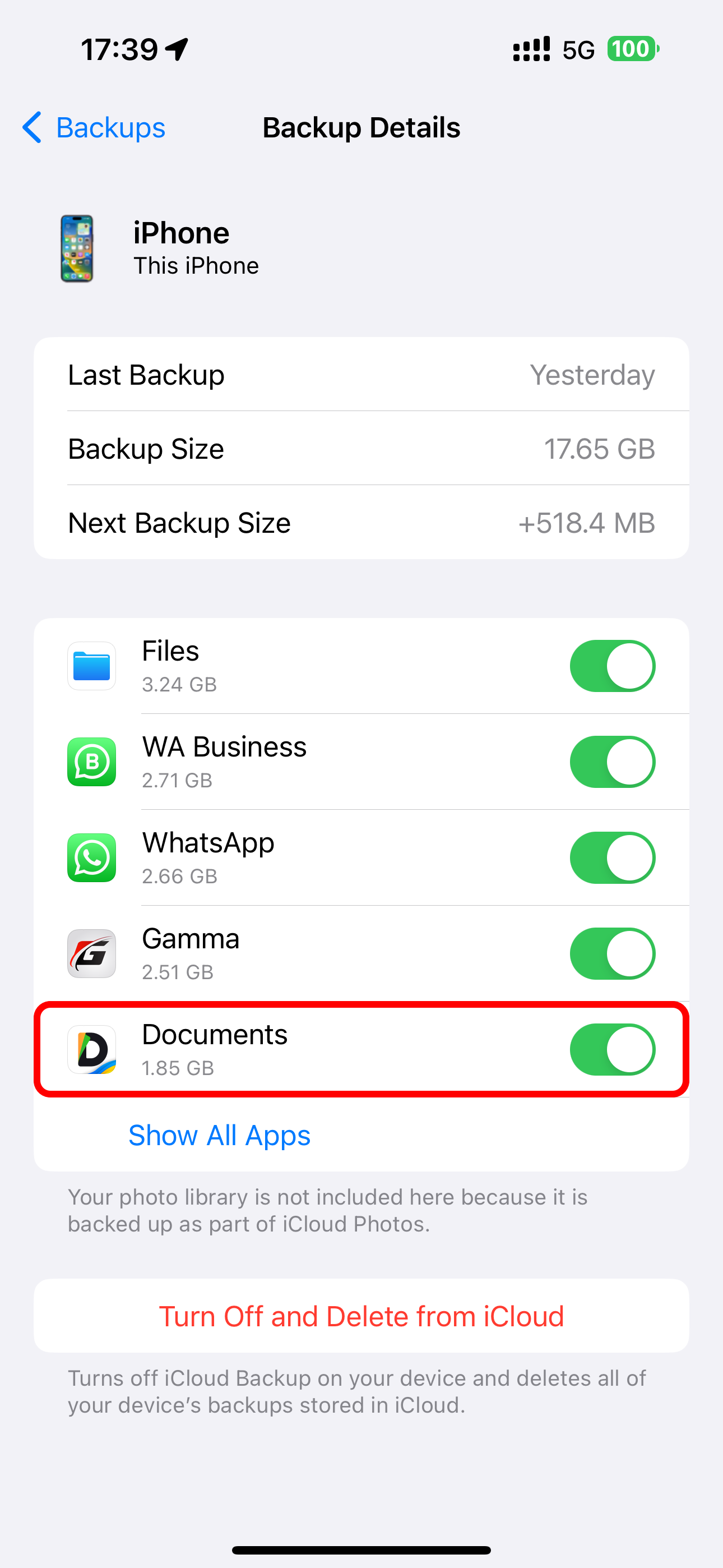 The Readdle Documents app selected in the iCloud Backup Details screen in Settings on iPhone.