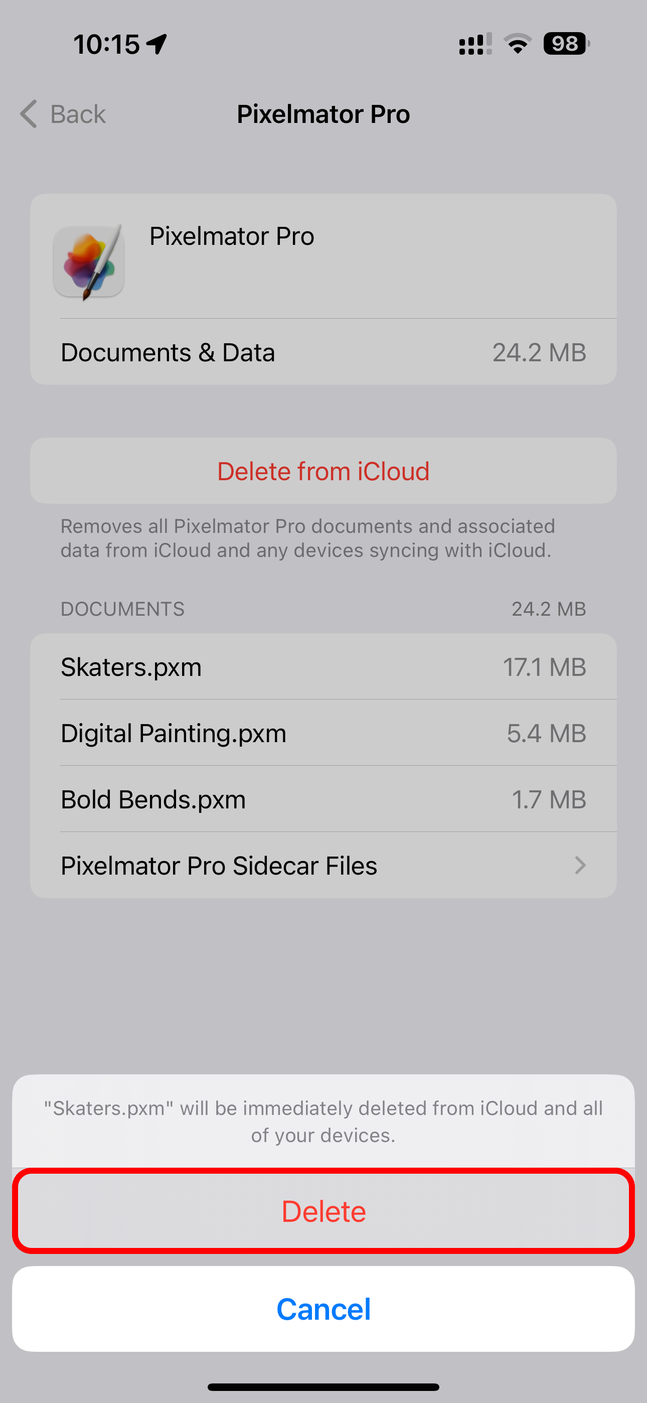 Confirming deleting a file from iCloud for Pixelmator Pro file in Settings on iPhone.