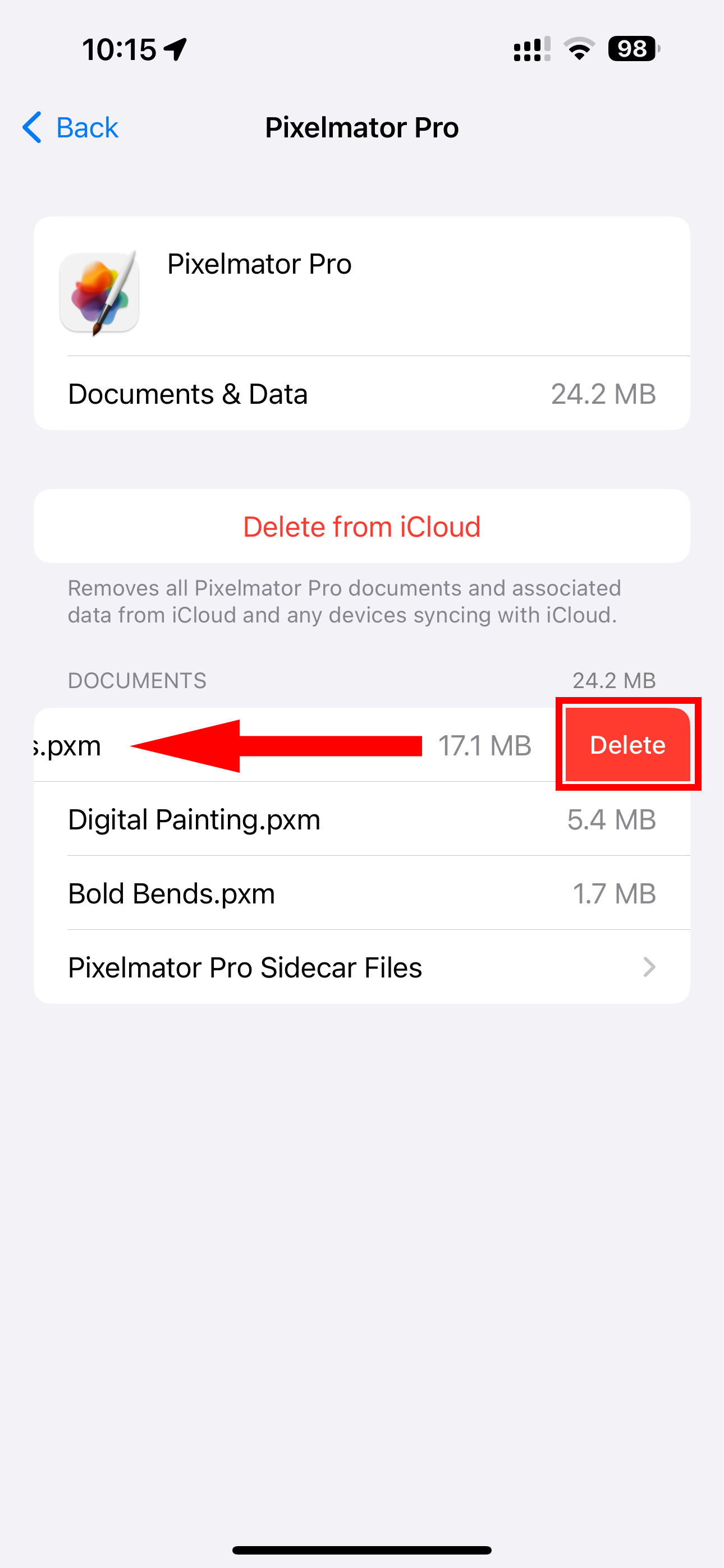 Swiping to delete a Pixelmator Pro file on the iCloud storage screen in Settings on iPhone.