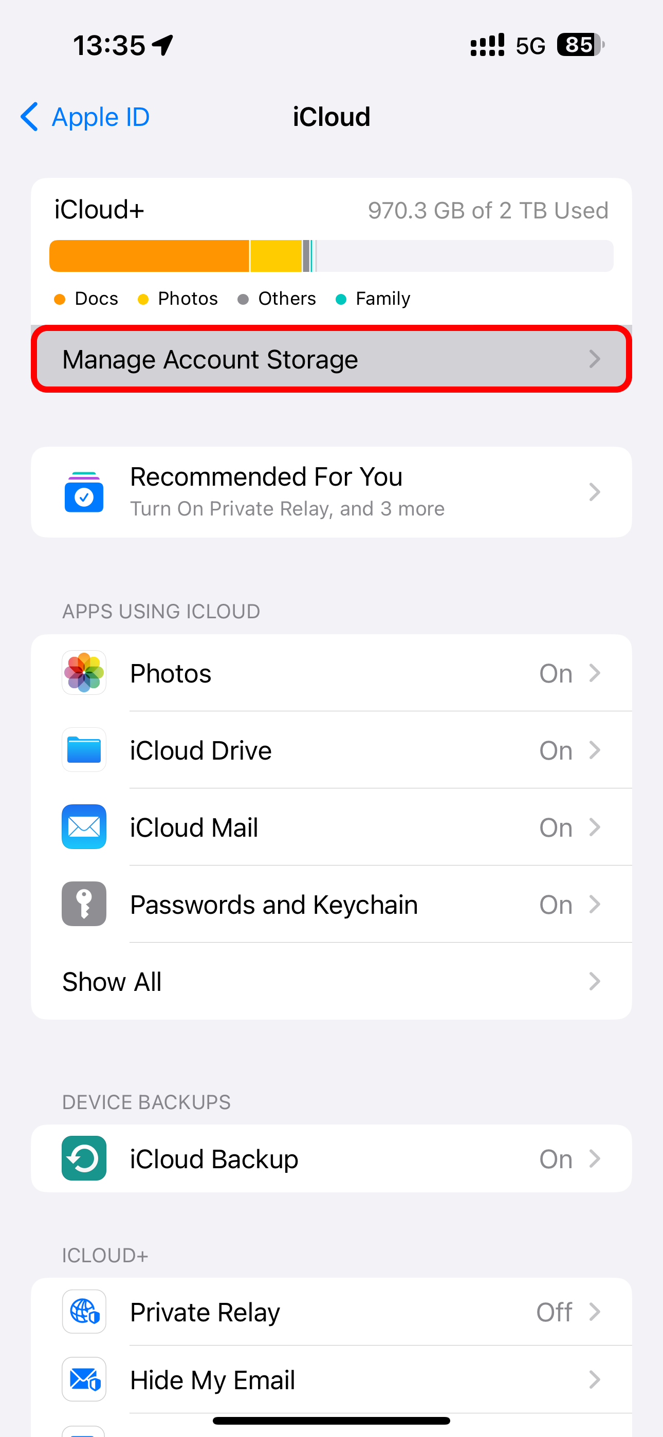 The iPhone's Settings app showing the iCloud section with the Manage Account Storage option selected.