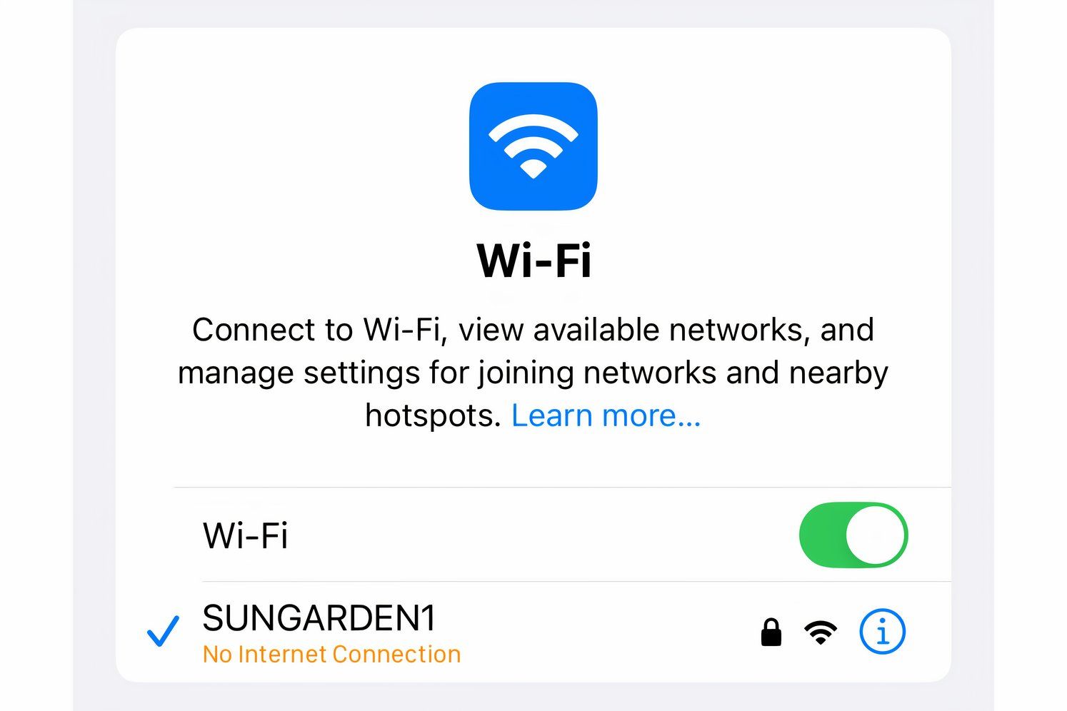 The iPhone&rsquo;s Settings app displaying a No Internet Connection message below the Wi-Fi network name