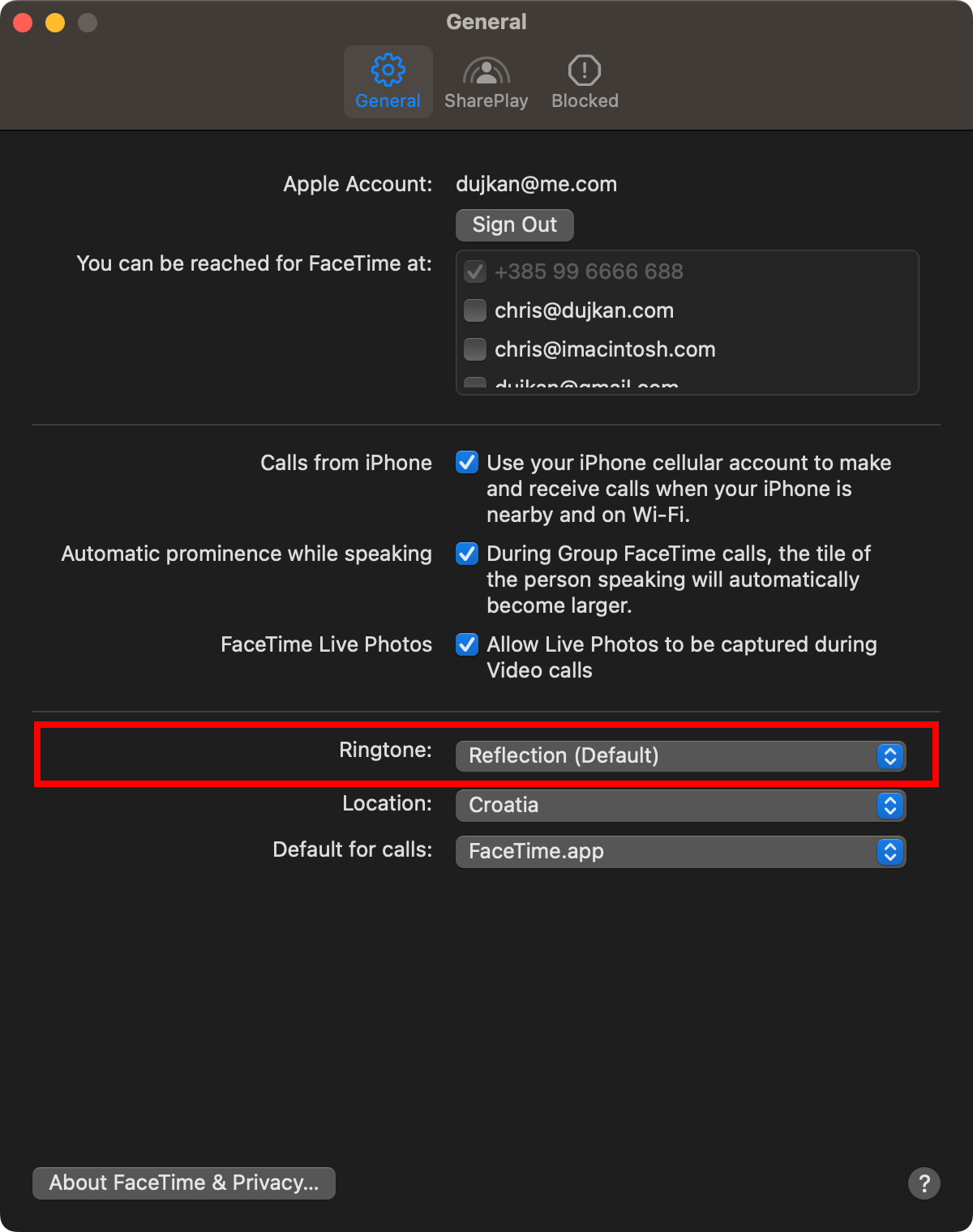 The Ringtone menu highlighted in the FaceTime for Mac settings.