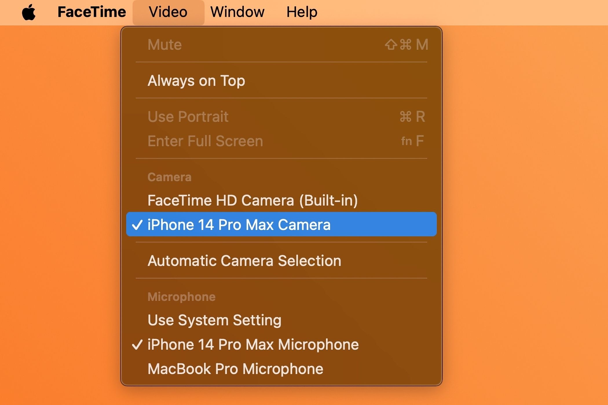 Choosing iPhone Continuity Camera from FaceTime for Mac's Video menu.