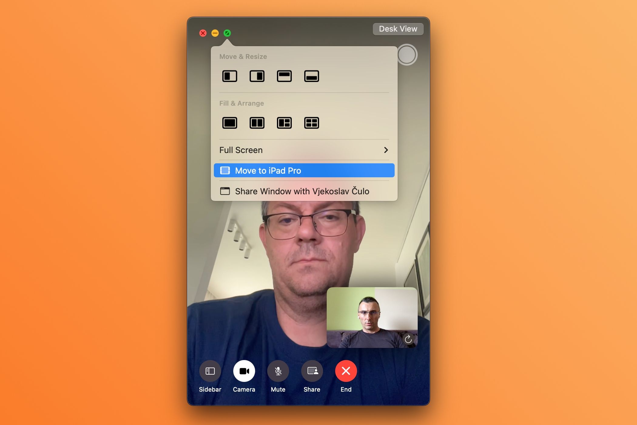 Using fullscreen window control to move a FaceTime for Mac window to a nearby iPad Pro.