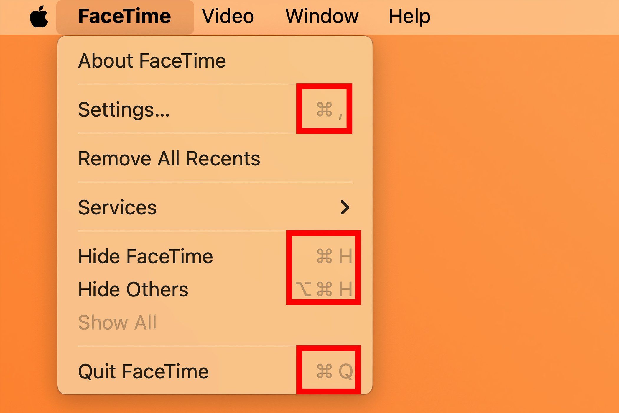 The FaceTime for Mac menu with the keyboard shortcuts higlhighted.