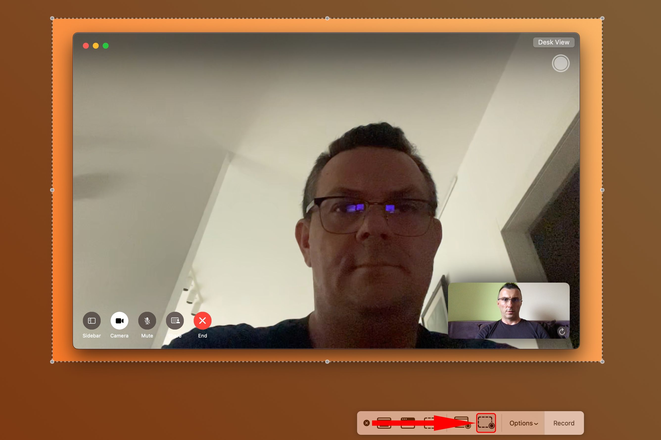 Using the Record Selected Portion feature in the Mac's Screenshot app to record a FaceTime video call.