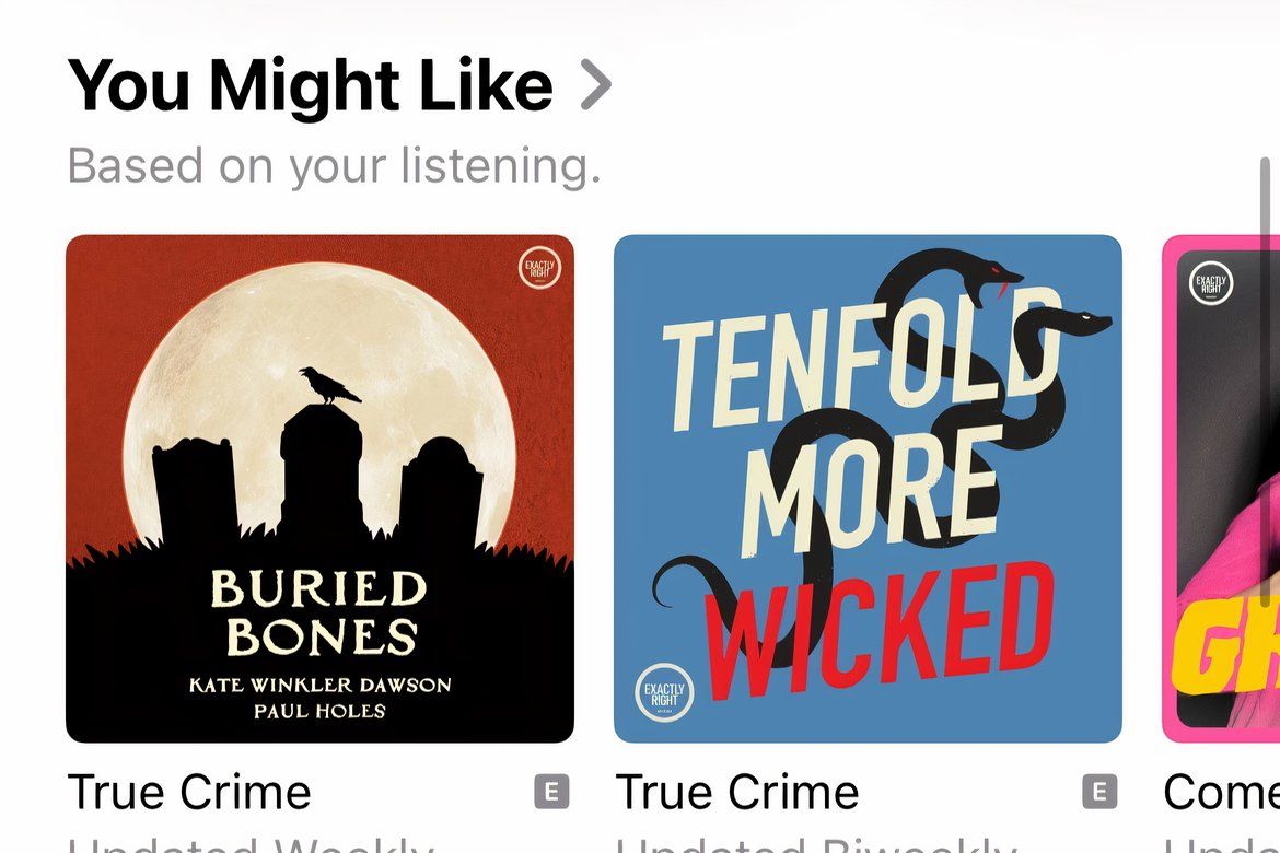 Home screen of Apple podcasts with a you might like list