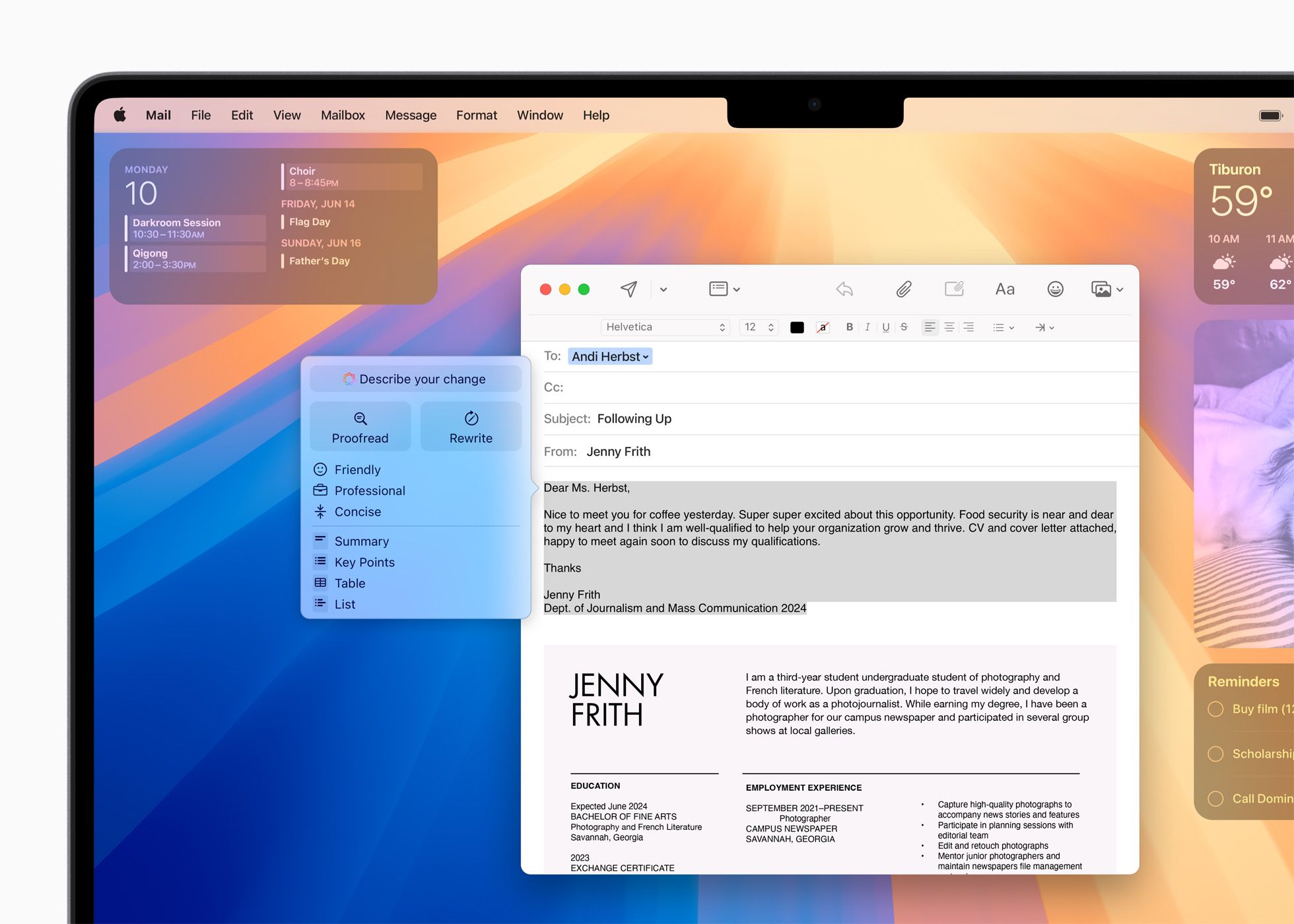 Escrevendo um e-mail com IA no Apple Mail.