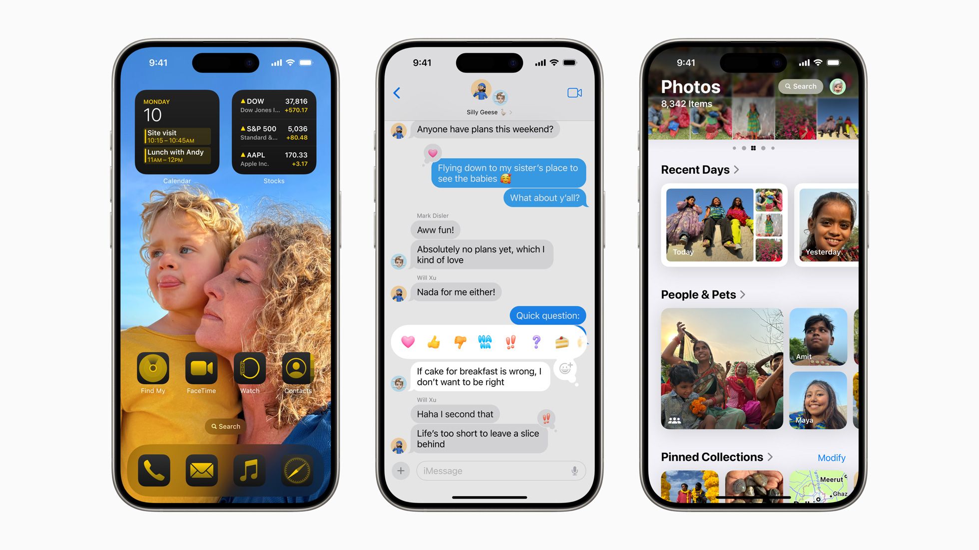 iOS 18 features showing custom app icons, Messages emoji tap backs, and the new Photos app.