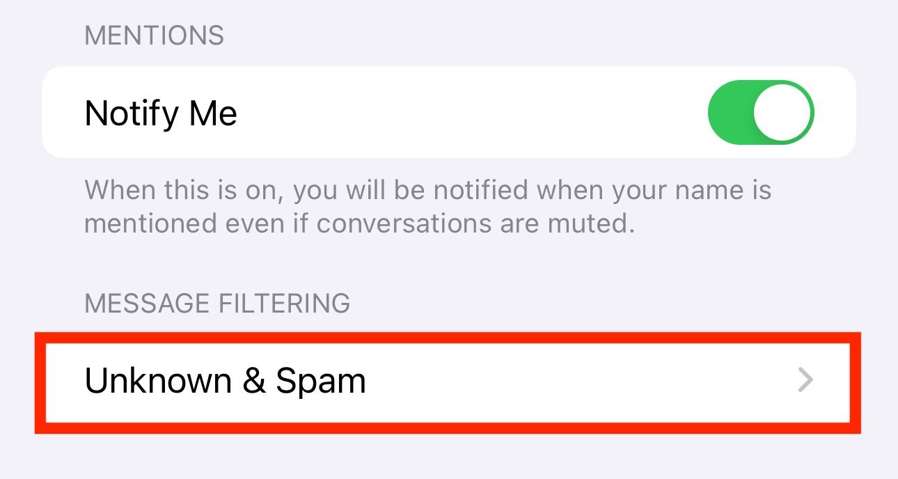 Message Filtering option in iPhone Settings app.