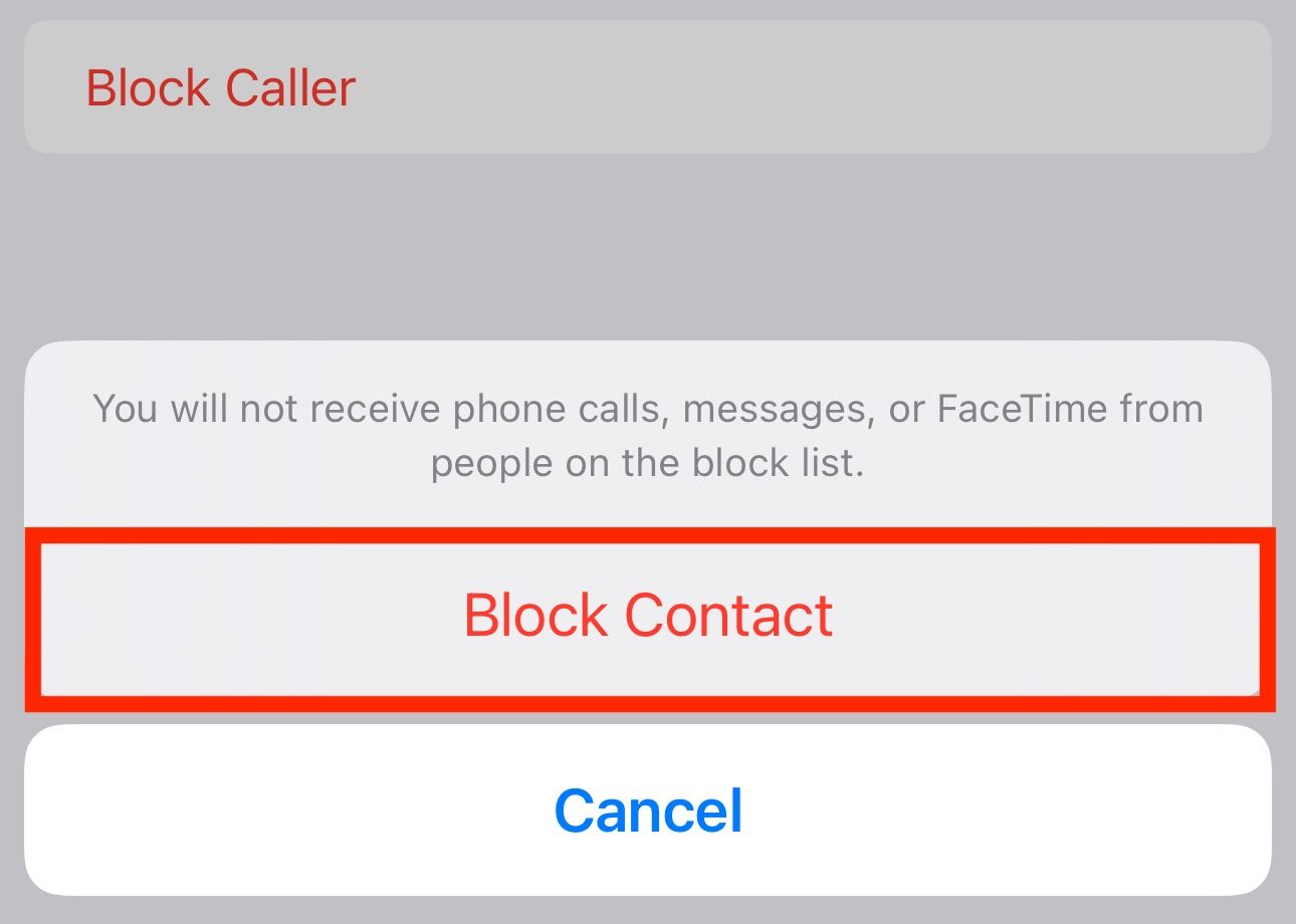 Confirming blocking a contact using the Block Contact button in the Messages app.