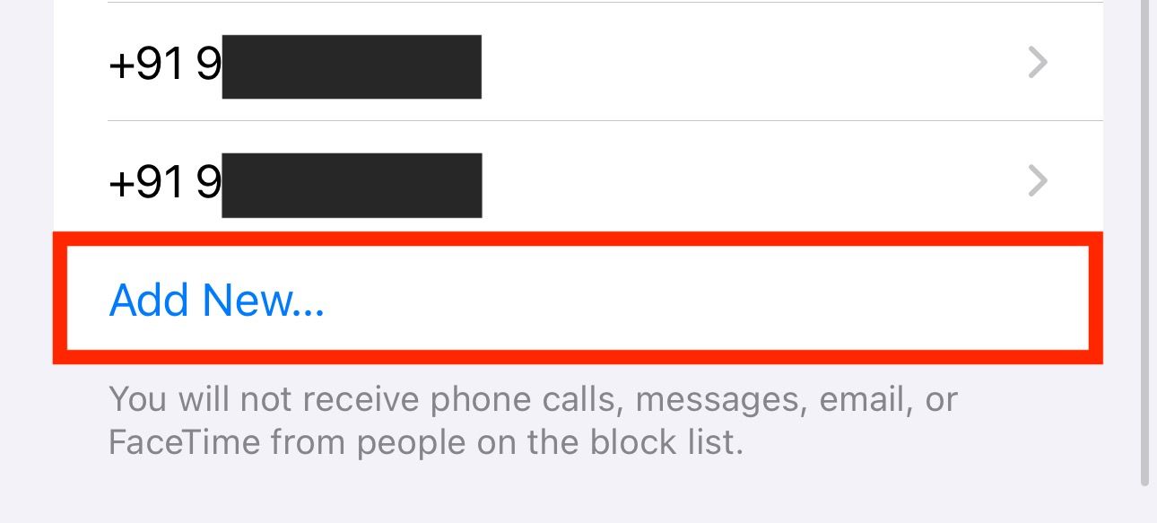 Add New button in the Settings app to add a contact to the blocked list.