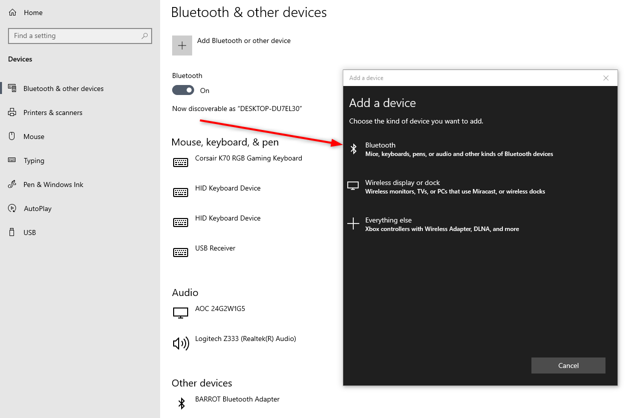 Adding a Bluetooth device in Windows 10.