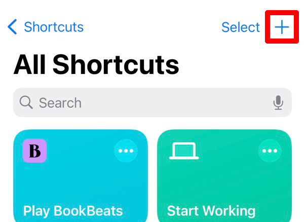 Button to create a new shortcut on an iPhone.