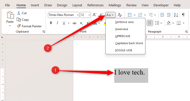 Some text selected in Microsoft Word, and the Change Case drop-down menu opened.