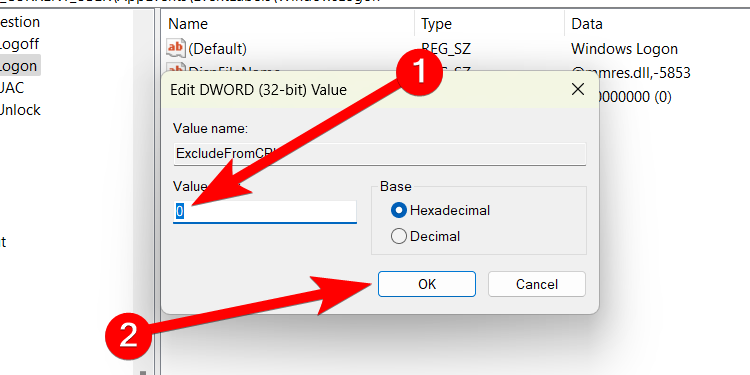 Changing "Value Data" to "0" for the ExcludeFromCPL value of the WindowsLogon key in the Registry Editor.