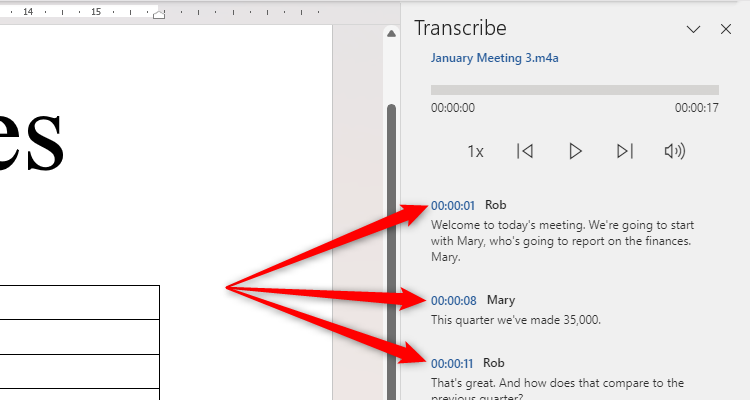 Word's Transcribe pane with the timestamps highlighted.